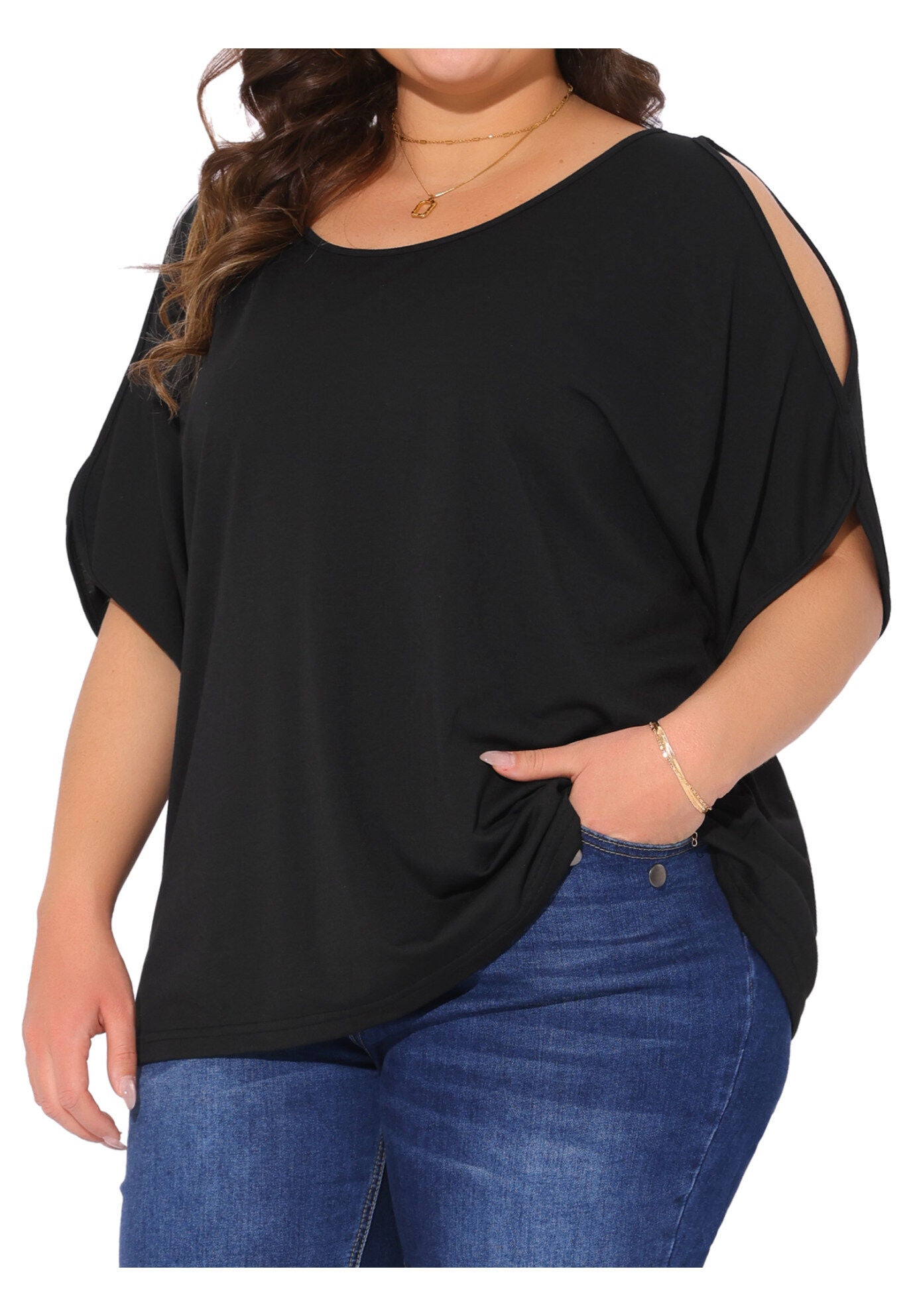 Cold Shoulder Short Sleeve T-Shirt Top, Black / Black, alternate image number 1