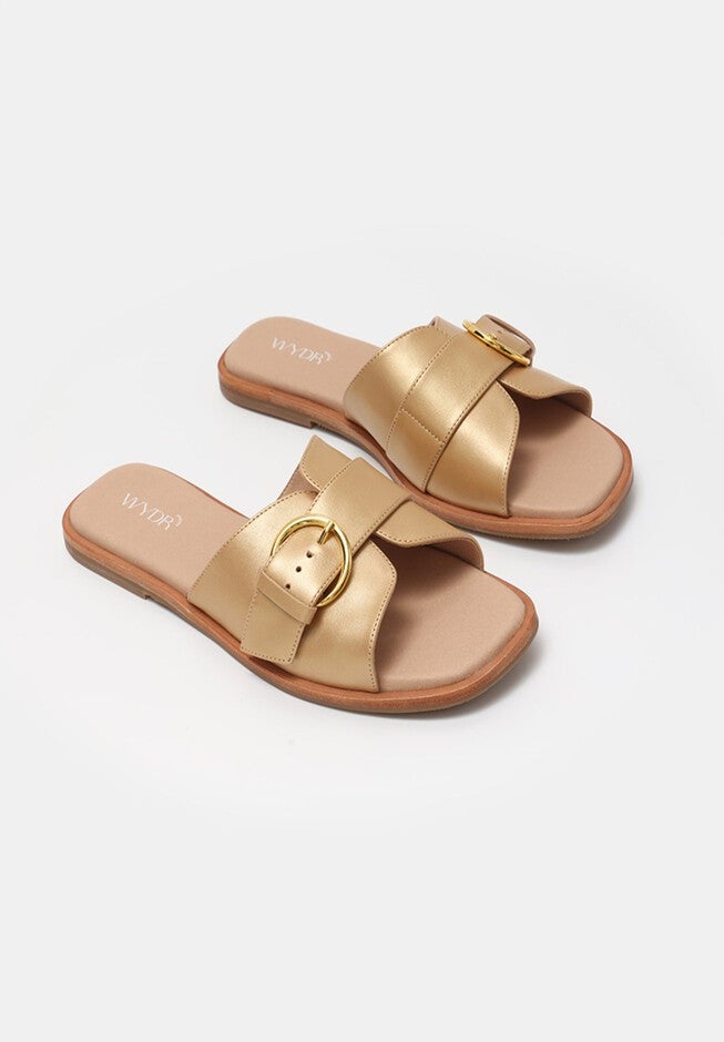 Marbella Buckle Flat Slides, Metallic Gold / Gold, alternate image number null