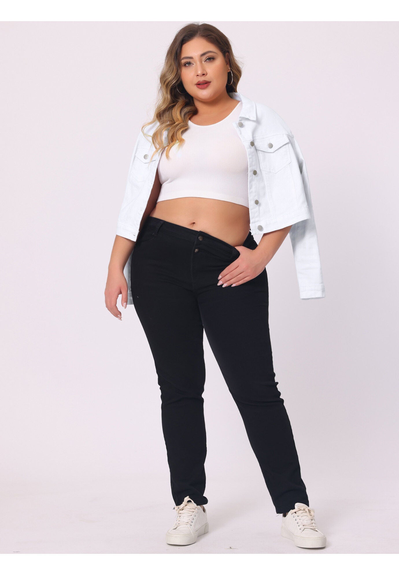 BUTTON CLOSED CROPPED DENIM JACKET, White / White, hi-res image number 0