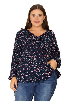 Long Sleeve Floral Top Ruffle V Neck Casual Blouse
