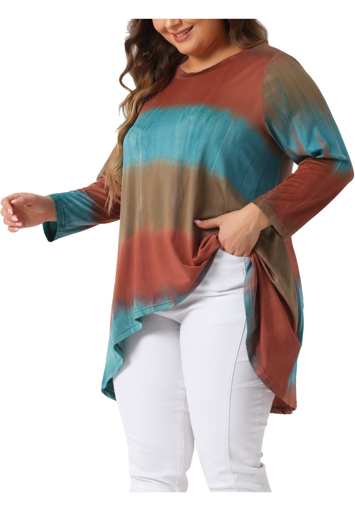 Tie Dye Crew Neck 3/4 Sleeve High Low Tunic Top Tee Shirt, Orange / Orange, alternate image number 1