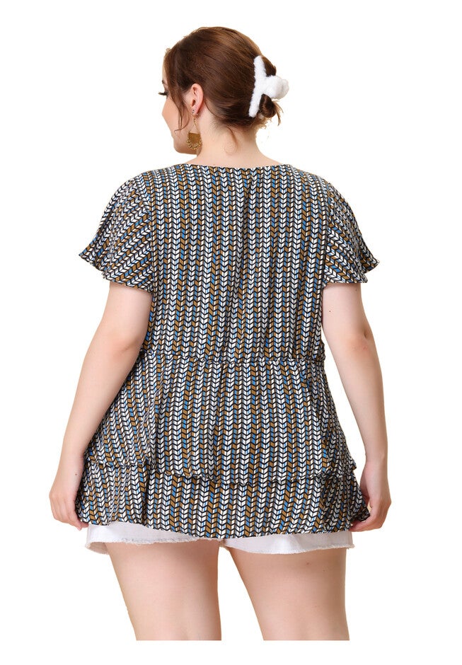 Summer Top V Neck Short Sleeve Peplum Geometric Print Layered Ruffle Blouse, Blue / Azure Blue, alternate image number 3