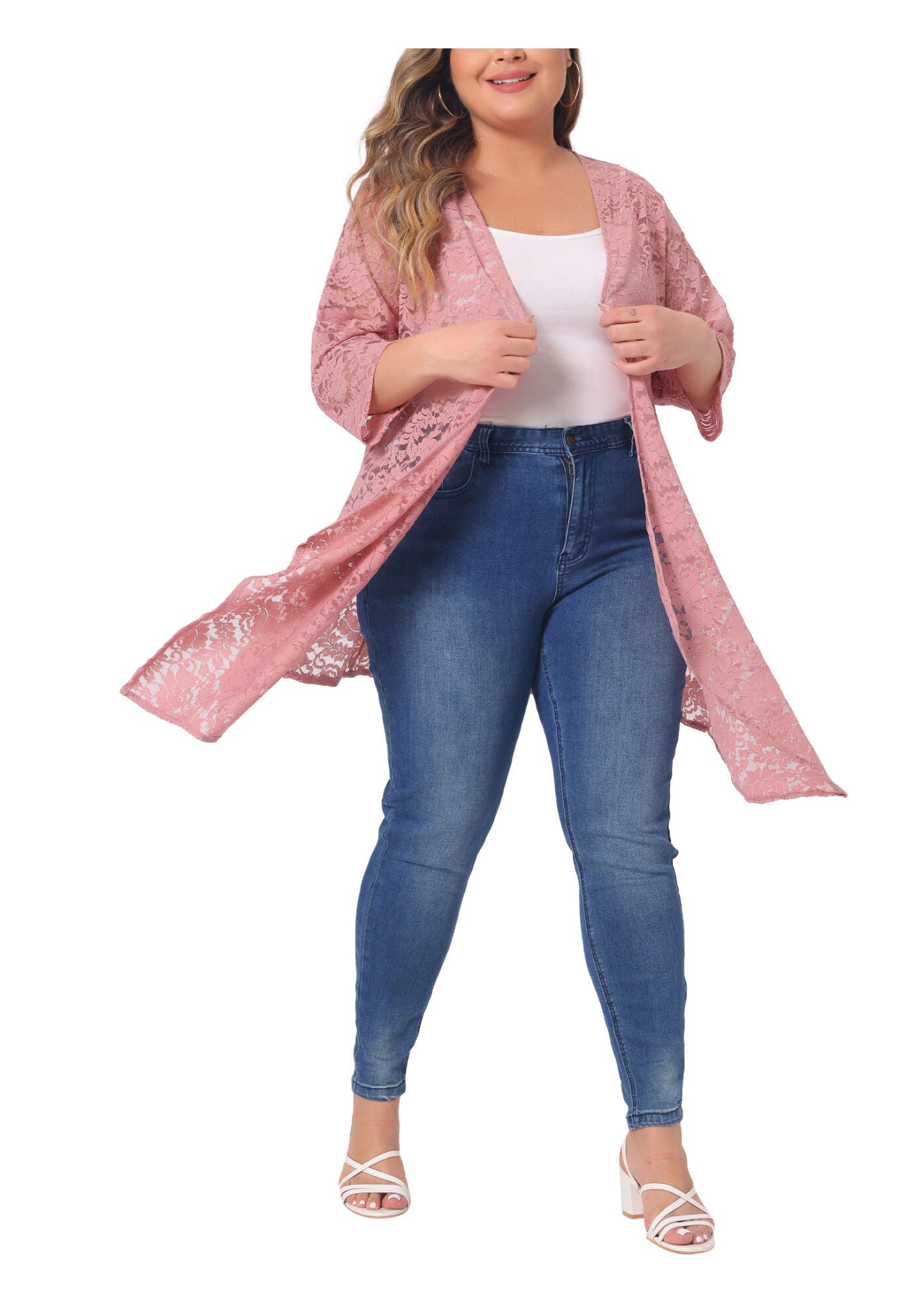 OPEN FRONT 3/4 SLEEVES CROCHET CARDIGAN COVER UP, Pink / Pink, hi-res image number 0