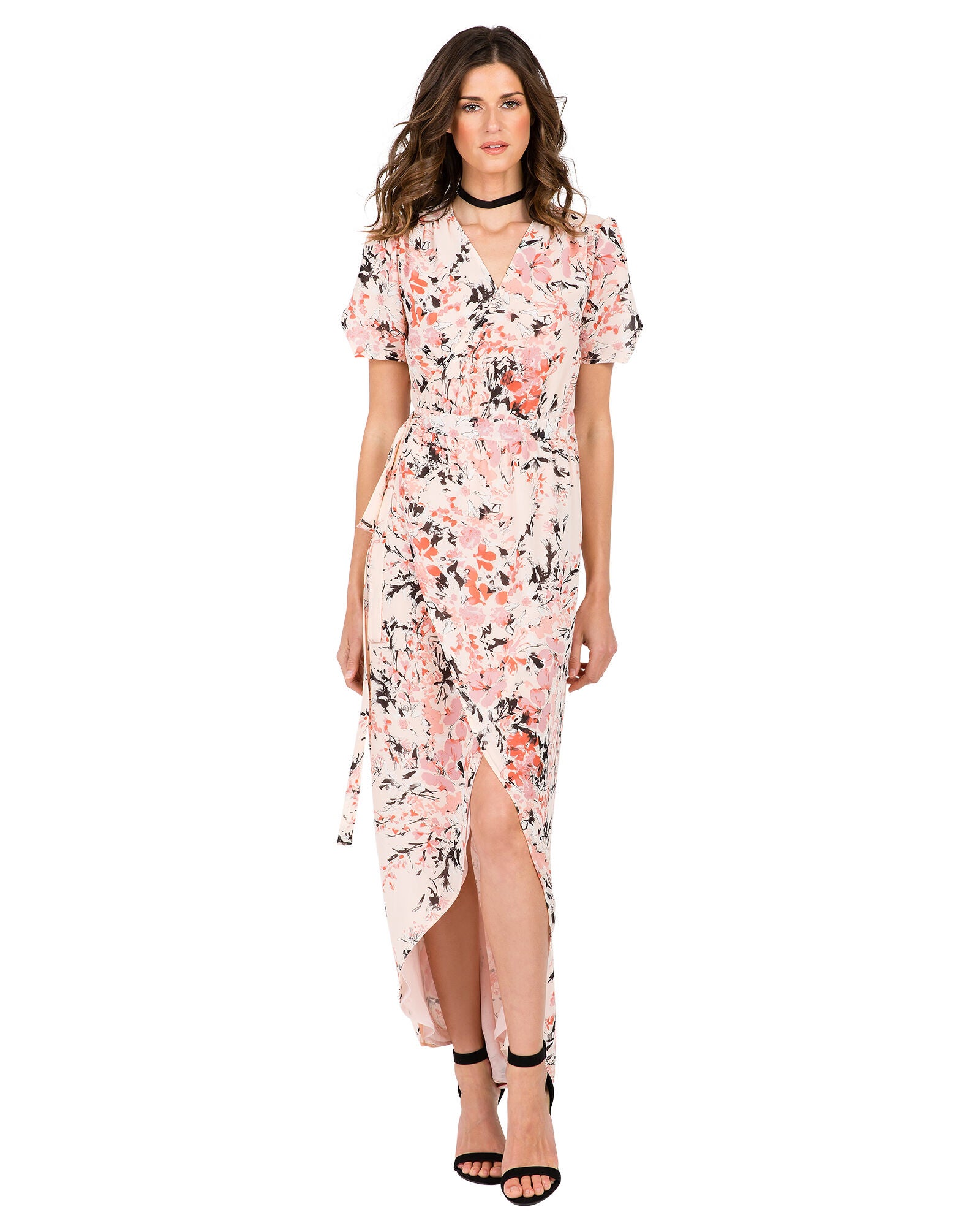 Robin Short Sleeve V-Neck Maxi Dress Peach Pink Floral Print, Garden Floral / Pink, hi-res image number 0