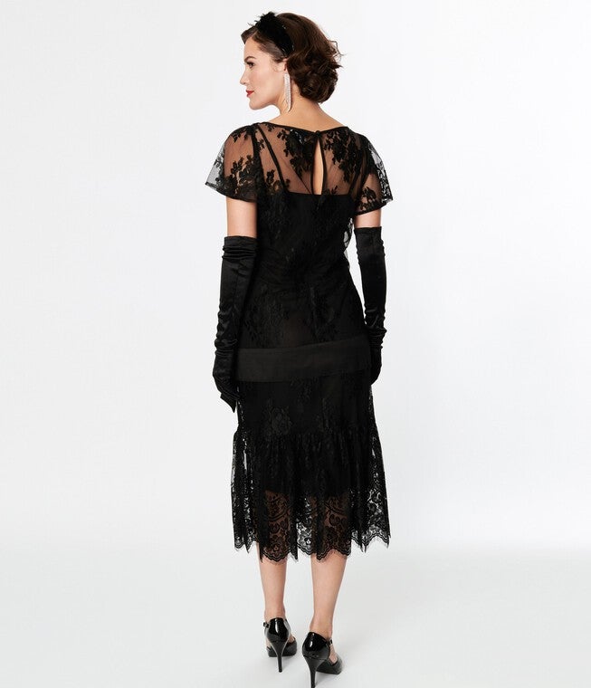 Unique Vintage Black Lace & Bow Flapper Dress, Black Floral Lace Bow / Black, alternate image number null