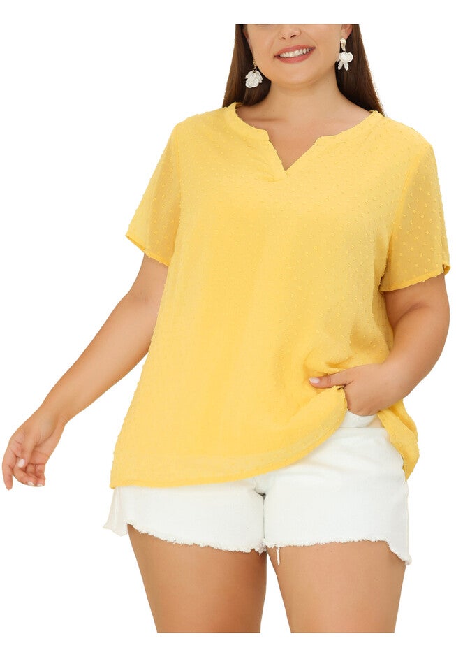 Swiss Dots Notched Neck Short Sleeve Basic Blouse, Yellow / Yellow, alternate image number 2