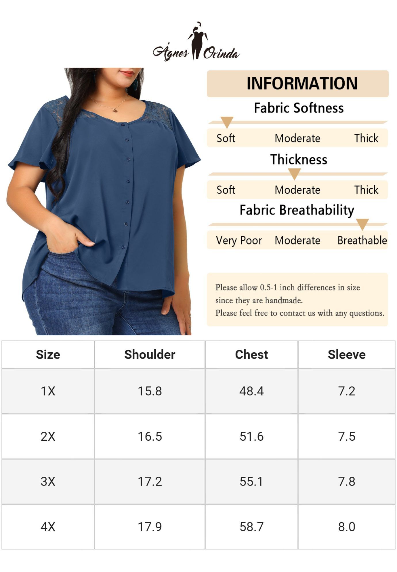 Chiffon Shirt Summer Lace V Neck Flare Sleeve Casual Work Top, Royal Blue / Royal Blue, alternate image number 4