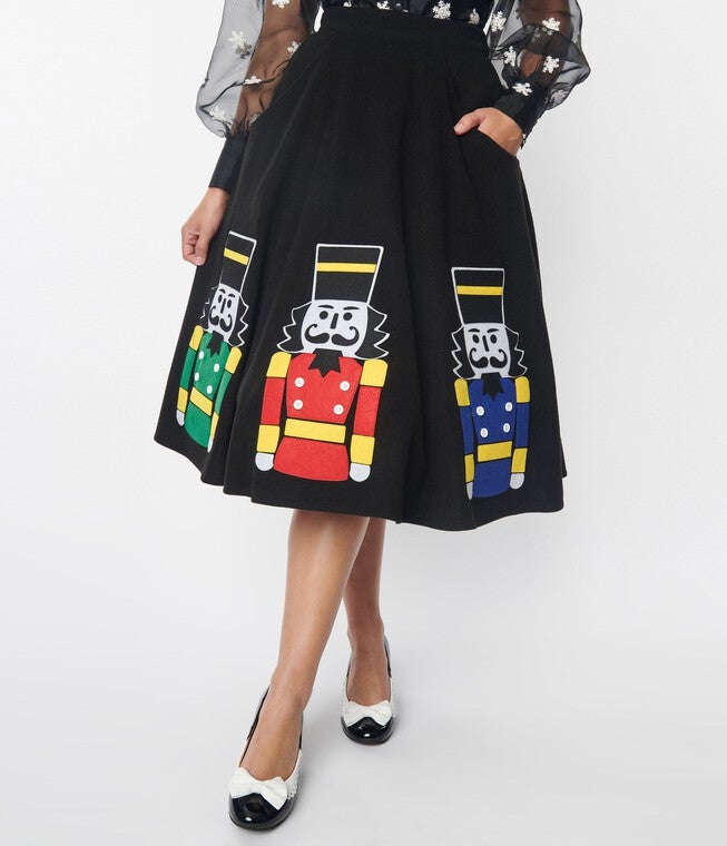 Unique Vintage Black Nutcracker Soda Shop Swing Skirt, Black Nutcracker / Black, alternate image number null