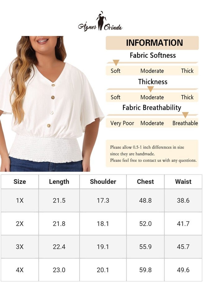 V Neck Button Up Short Sleeve Shirred Crop Shirt Blouse, White / White, alternate image number 4