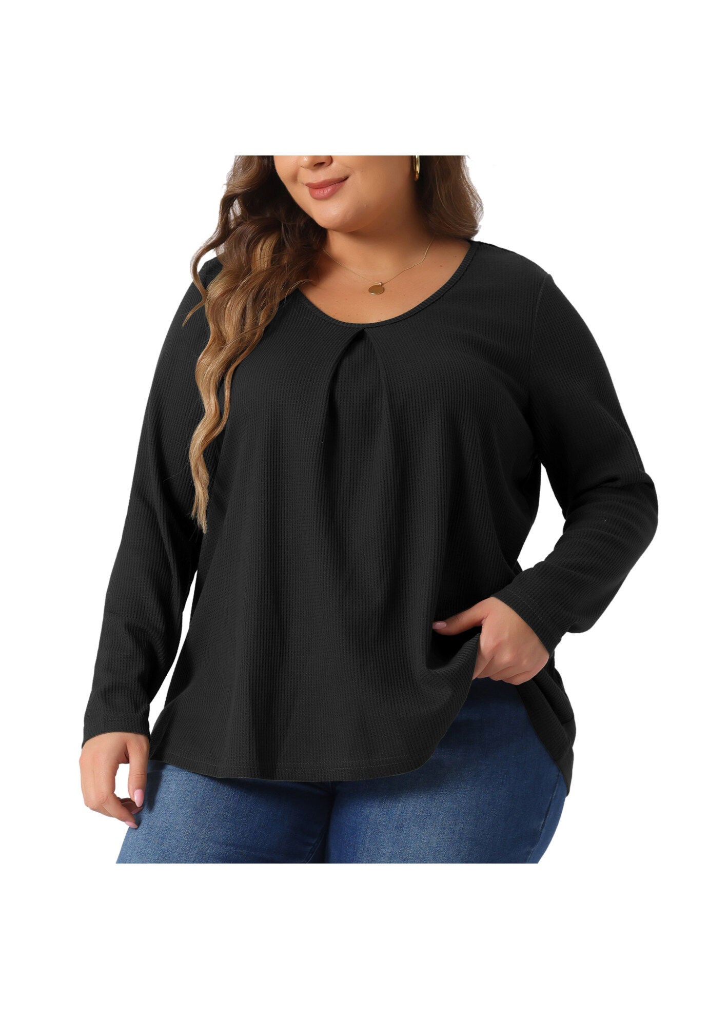 Crew Neck Pleat Front Long Sleeve Waffle Knit Blouse Shirt, Black / Black, alternate image number 1
