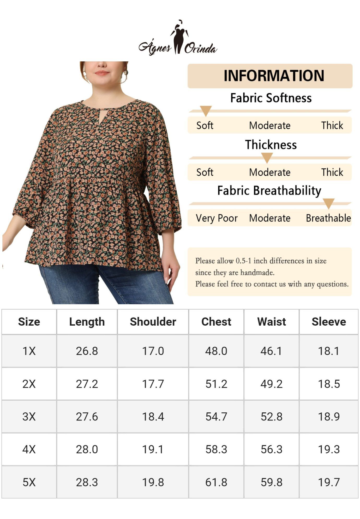 3/4 Sleeves Babydoll Chiffon Keyhole Floral Flowy Top Blouse, Black Beige / Beige, alternate image number 4