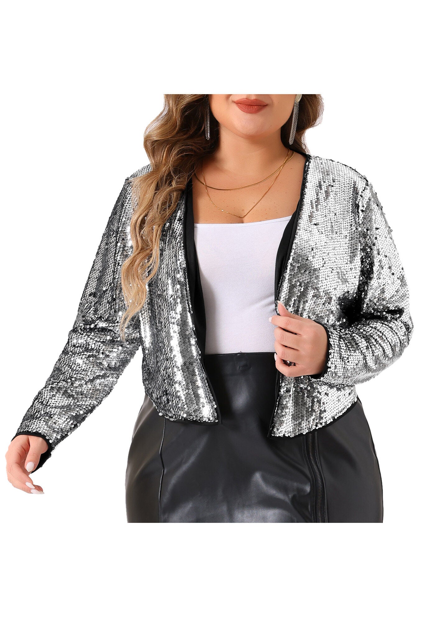 SEQUIN GLITTER SHINNY METALLIC SHRUG JACKET, Silver / Silver, alternate image number 2