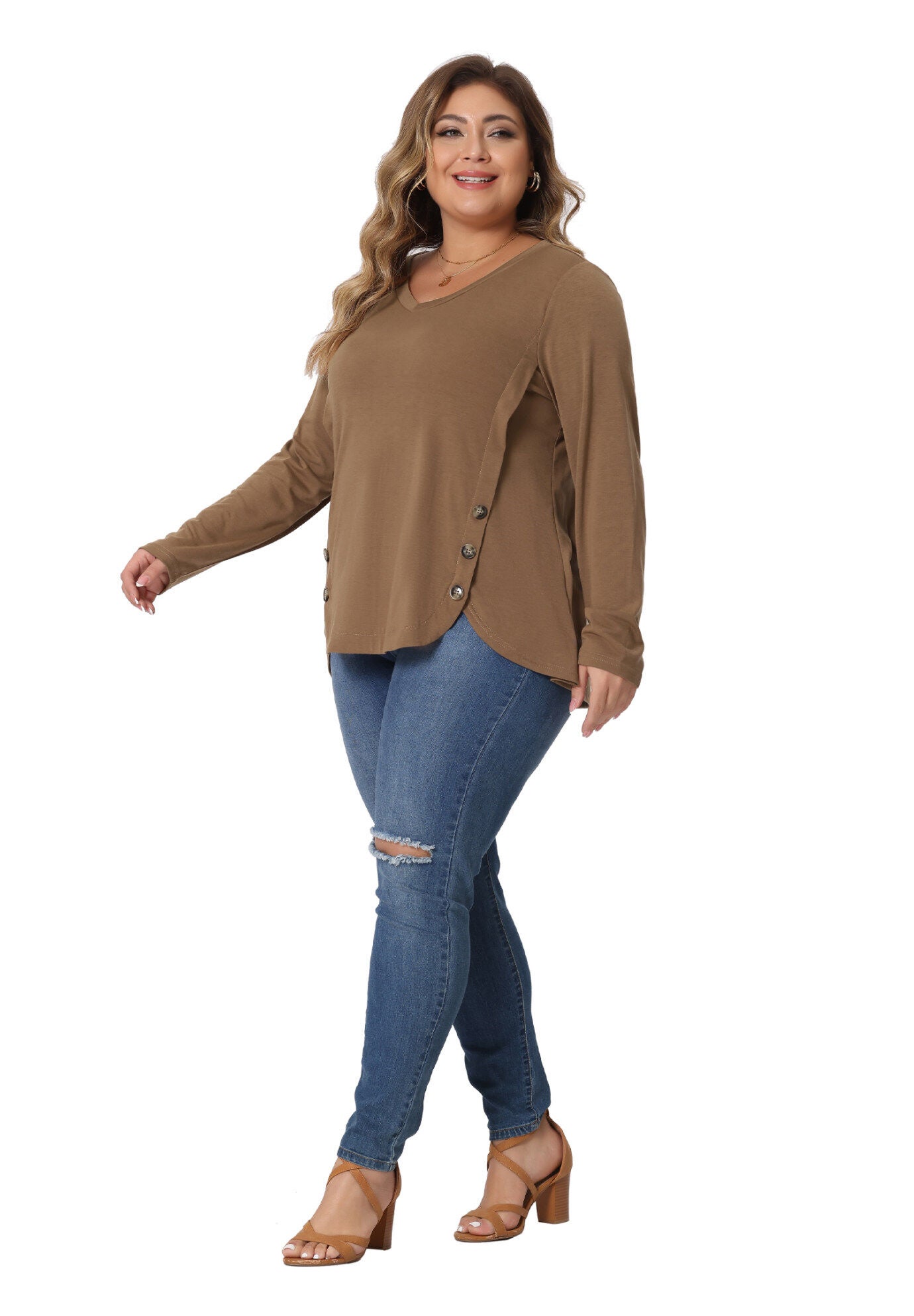 LONG SLEEVE TUNIC TOP V NECK LOOSE T SHIRT, Brown / Brown, hi-res image number 0