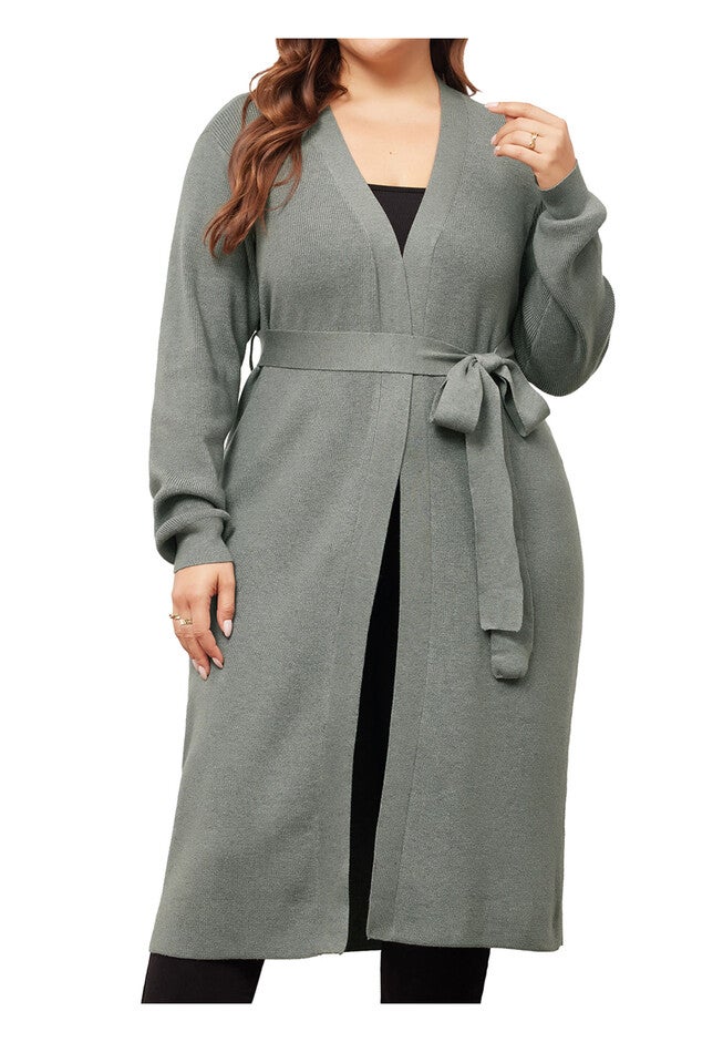 KNIT SWEATER BELTED OVERWEAR LONG CARDIGAN, Grey / Light Grey, alternate image number 2