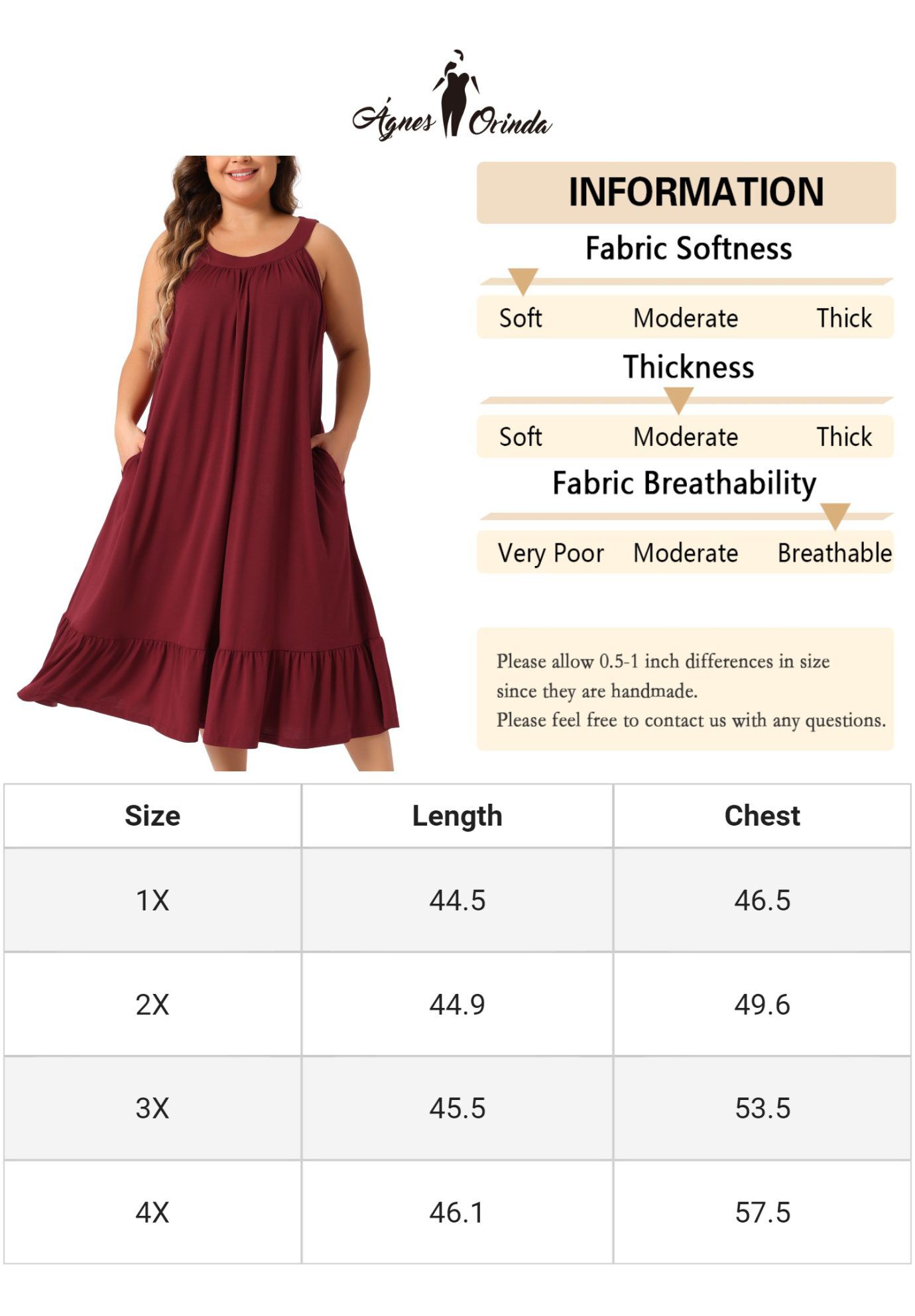 Tank Sleeveless Wide Strap Chemise Pleated Nightdress with Pockets, Wine Red / Burgundy, alternate image number 4
