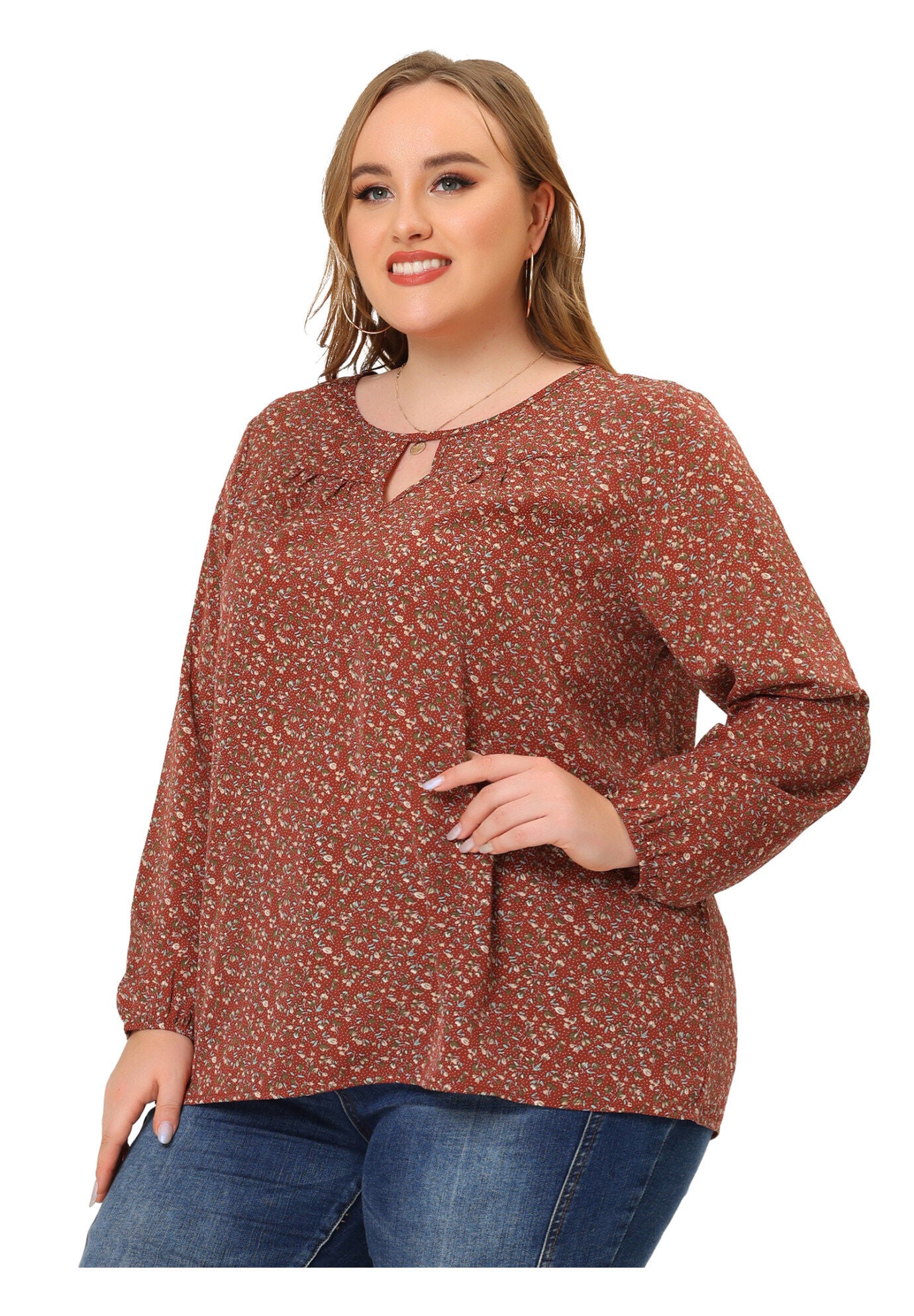 Chiffon Long Sleeve Keyhole Blouse Floral Top, Brown / Brown, hi-res image number 0
