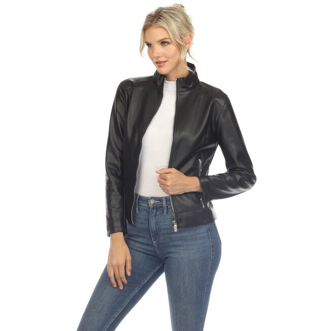 Women's Classic Biker Faux Leather Jacket, Black / Black, alternate image number 1