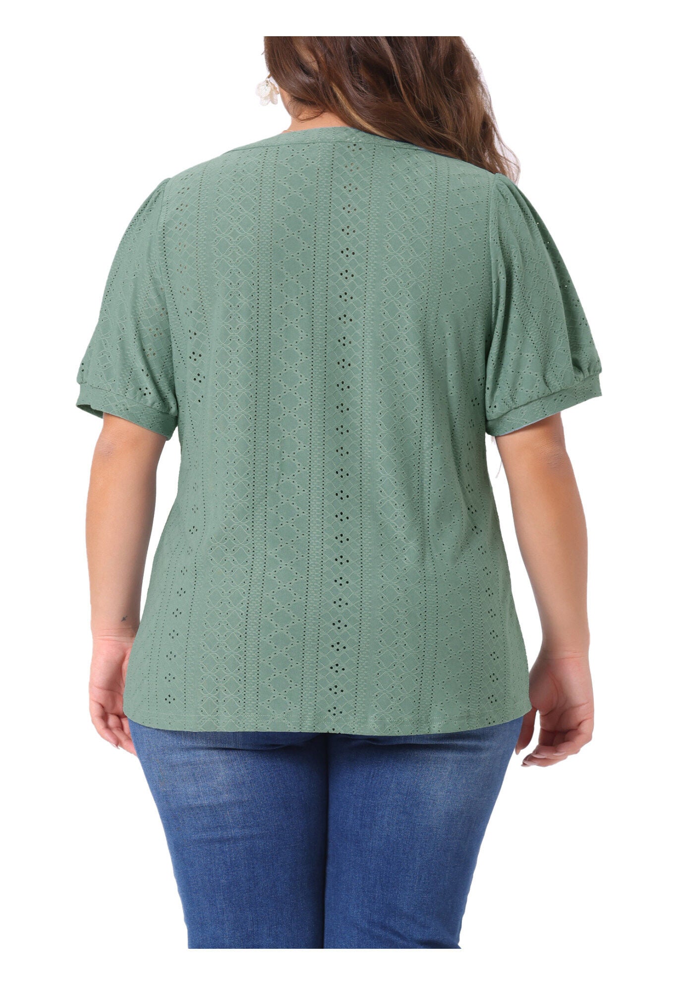 Hollow Casual V Neck Short Sleeve Summer Blouse, Green / Sage Green, alternate image number 3