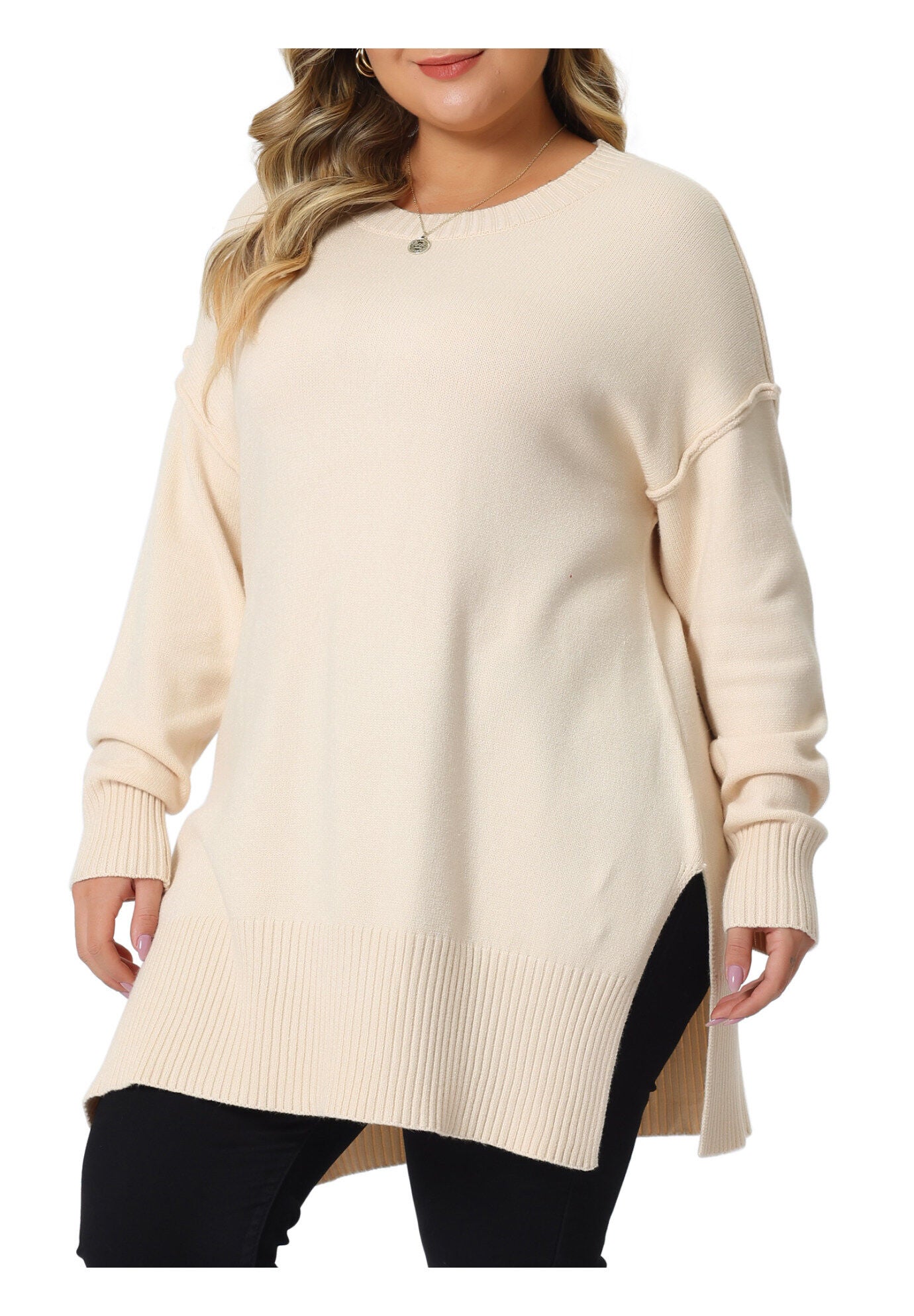 OVERSIZED CREW NECK LONG SLEEVE SLIT HEM KNIT PULLOVER SWEATER, Apricot / Cream, alternate image number 2