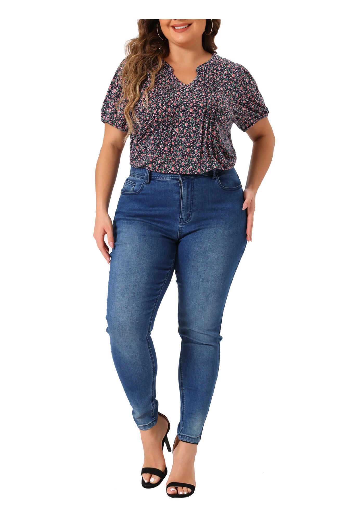 Short Sleeve Pleated T-Shirts Notched V Neck Blouse Floral Top, Navy Blue / Navy, hi-res image number 0