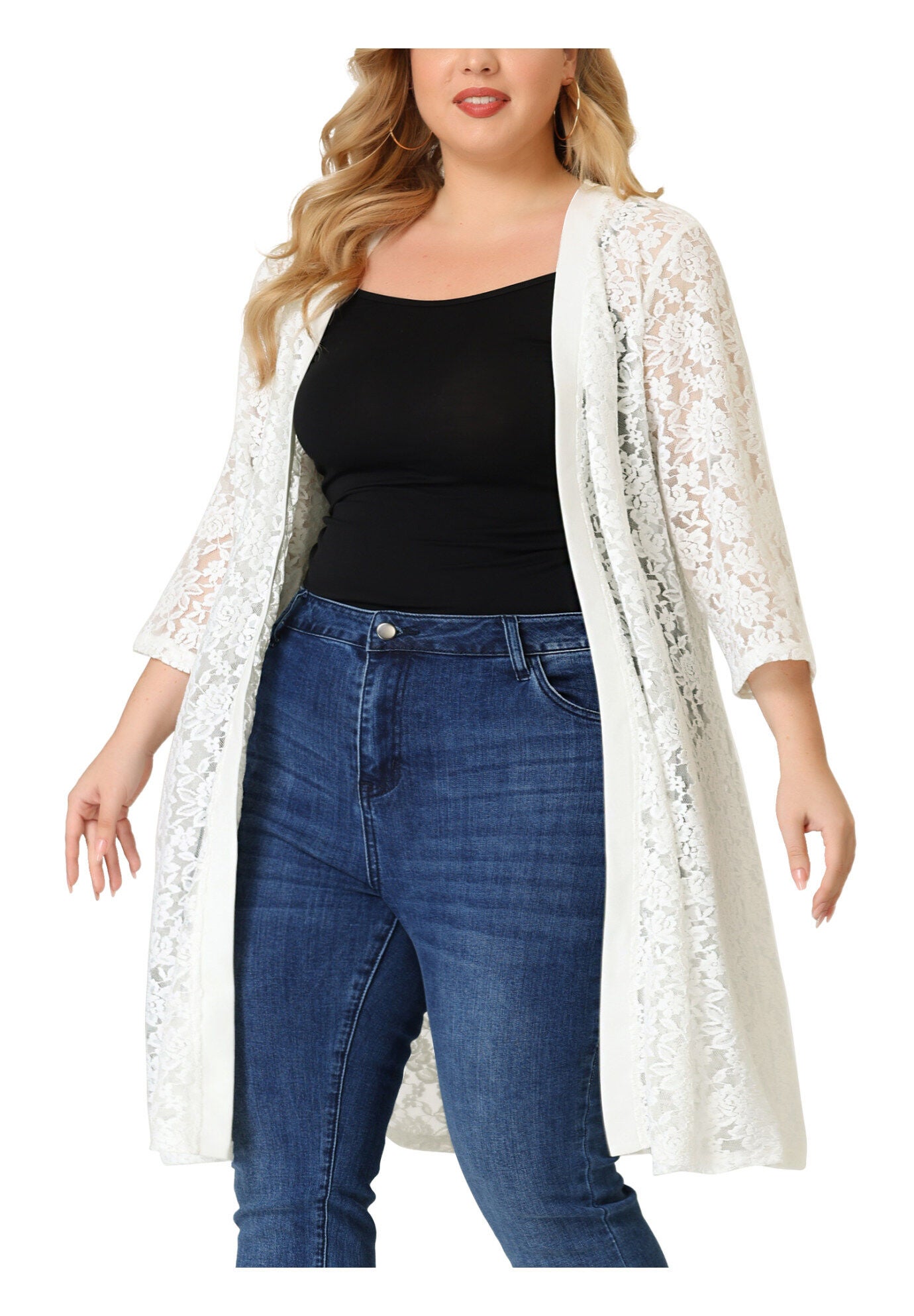 LACE CROCHET 3/4 SLEEVE COVER UP CARDIGAN, White / White, alternate image number 1