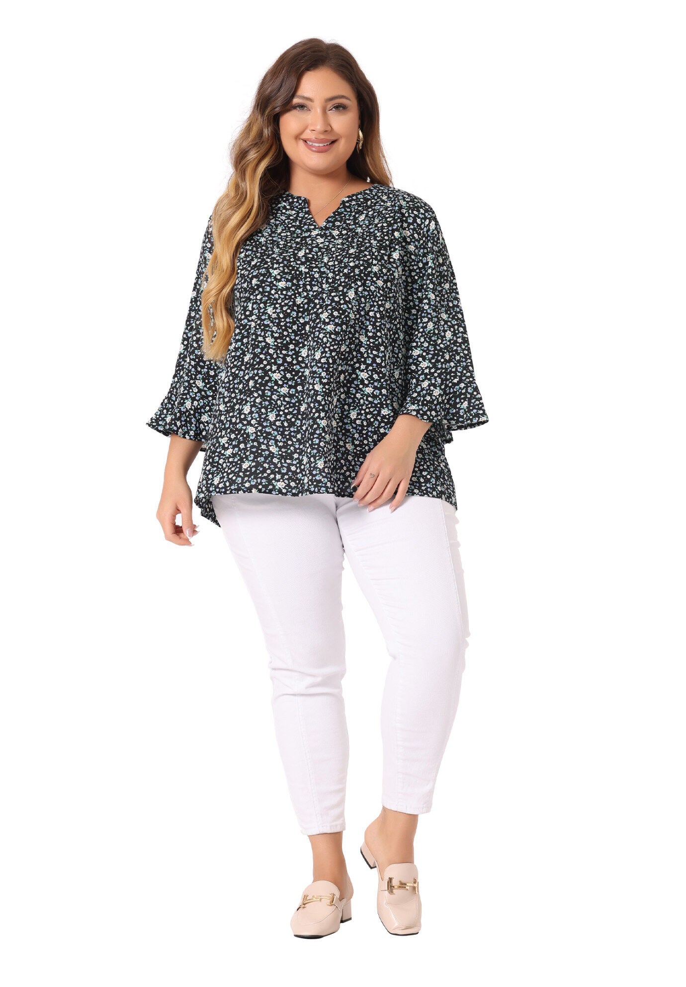 Pleated Long Sleeves V Neck Floral Blouse Top, Black / Black, hi-res image number 0