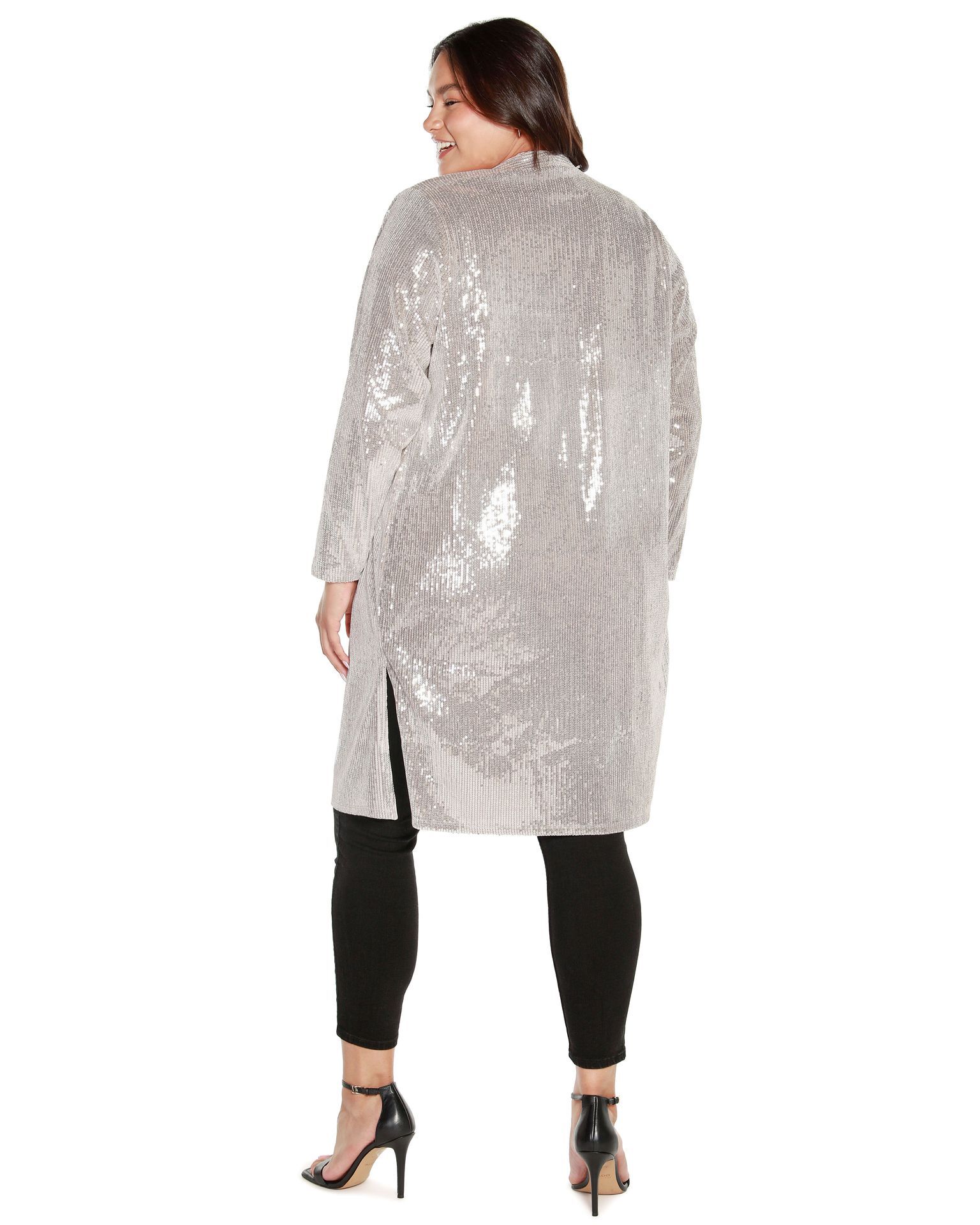 Plus Size Stretch Velvet Sequin Knit Duster, Silver / Silver, alternate image number 3