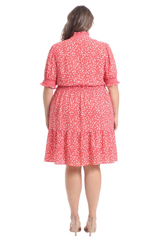 Smocked waist and puff sleeve tiered skirt dress, RedWhite / Red, alternate image number 1