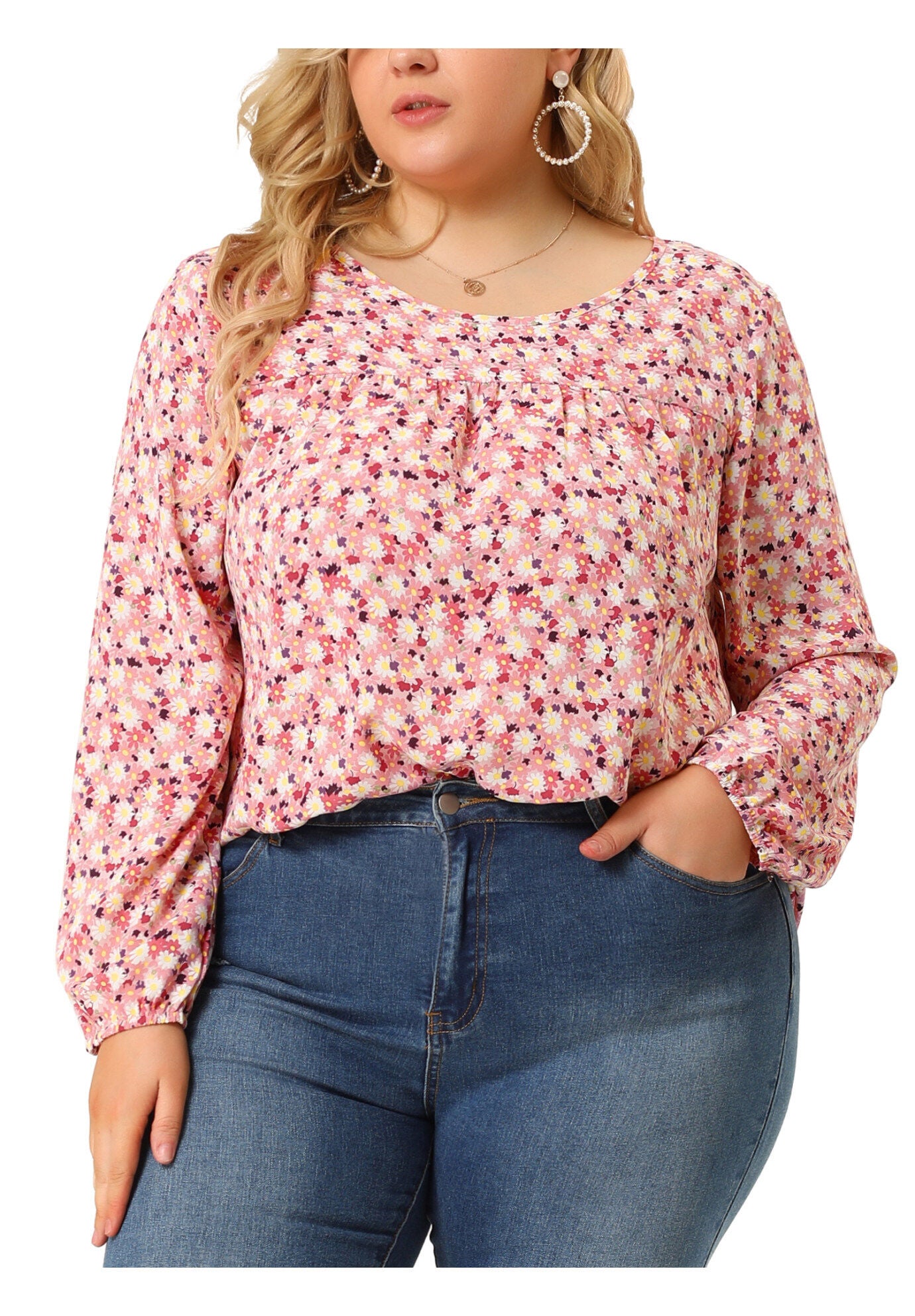 Long Sleeve Floral Print Casual Shirt Blouse Top, Pink / Pink, alternate image number 2