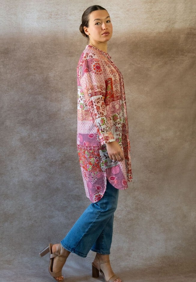 Annick- Lara Patchwork Print Boho Tunic Shirt Dress Long Sleeves, White / Pink, alternate image number 3