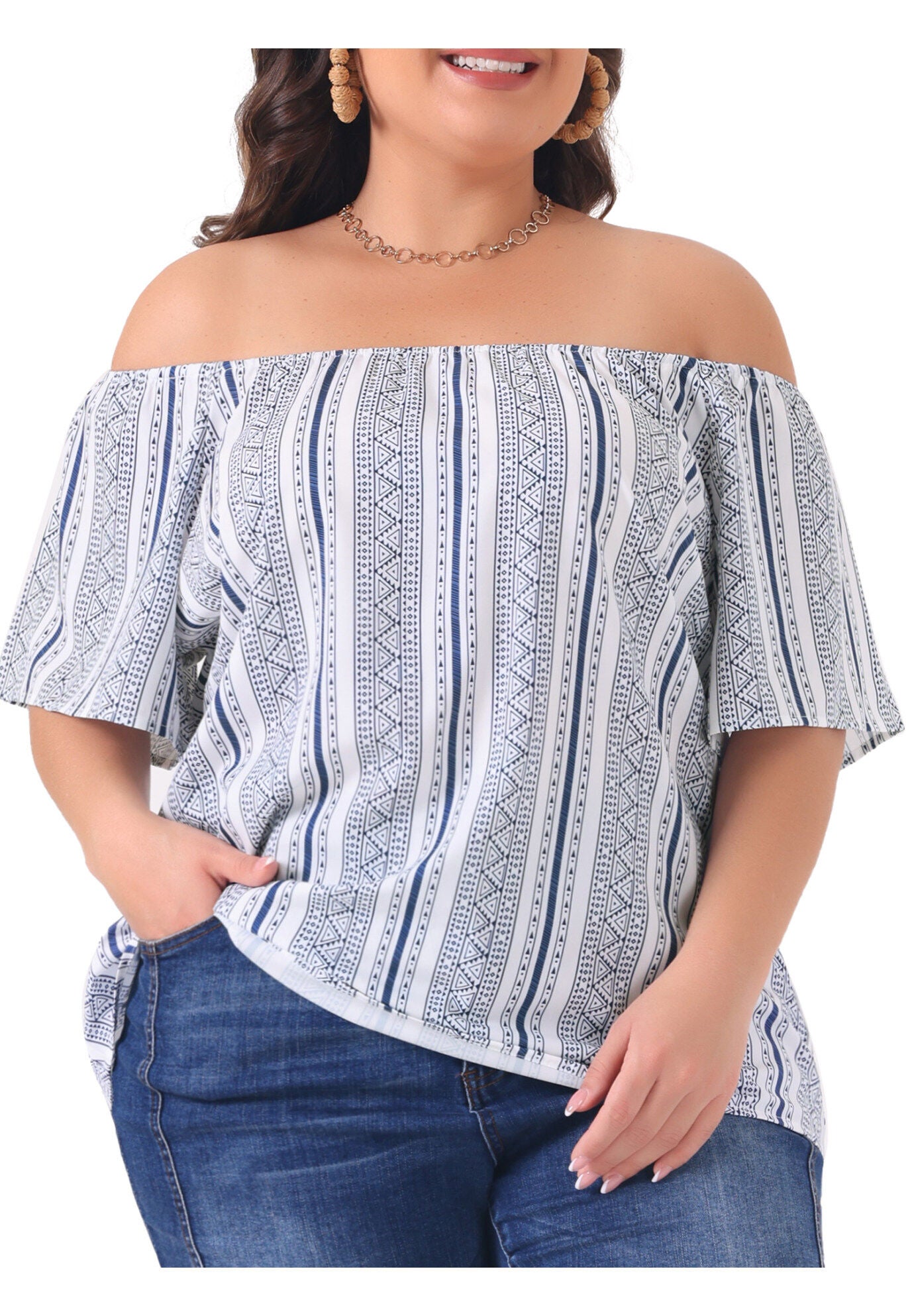 BOHO OFF SHOULDER SHORT SLEEVE CASUAL T-SHIRT TOP, White / White, alternate image number 1