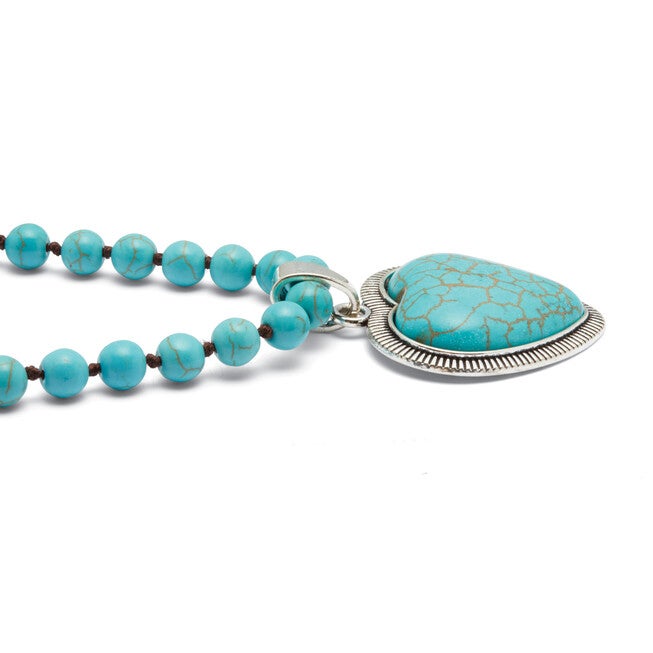 Genuine Turquoise Antiqued Silvertone Heart Pendant Necklace, 34 inches, , alternate image number null