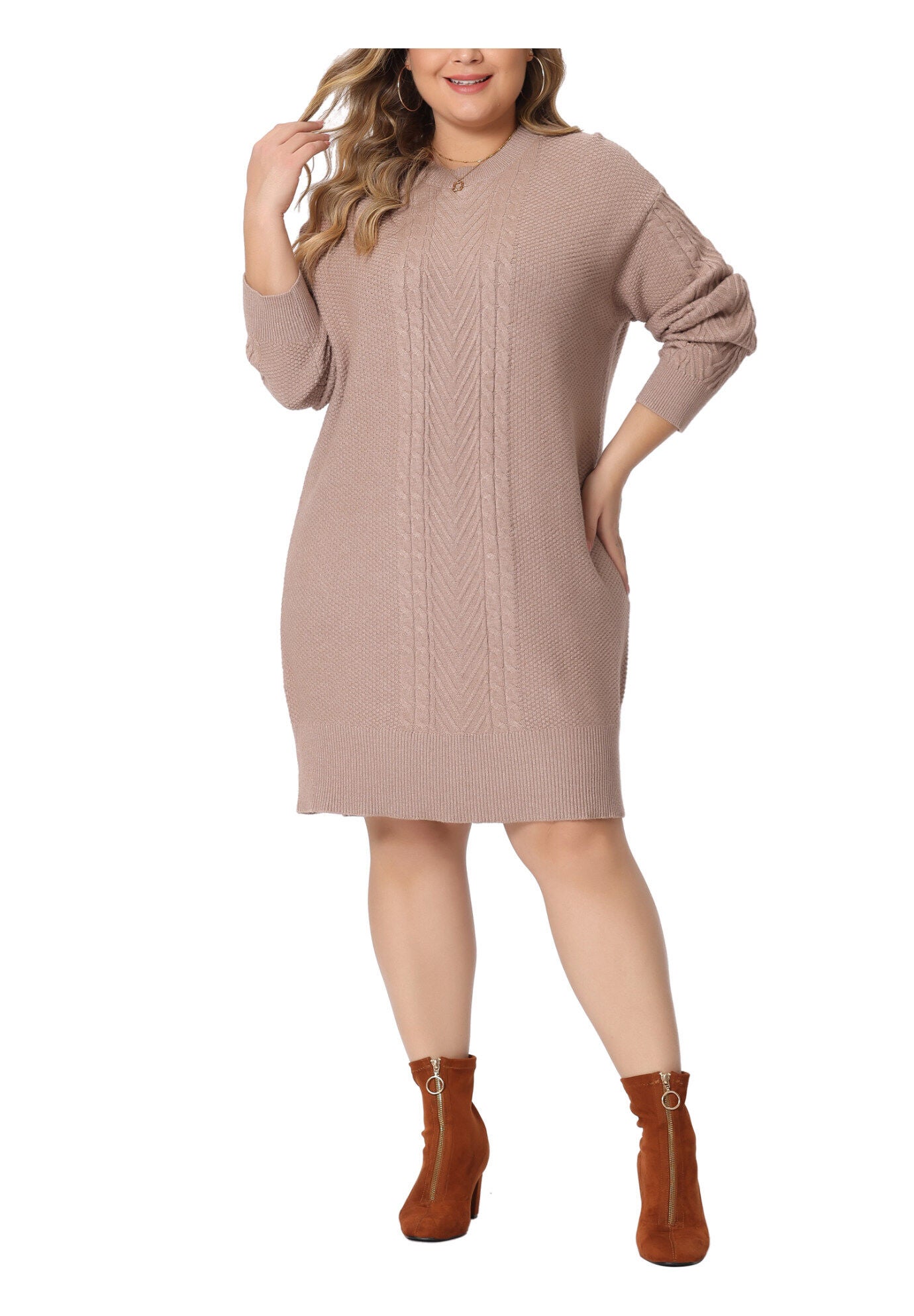 CREWNECK LONG SLEEVE KNIT TUNIC PULLOVER SHORT SWEATER DRESS, Khaki / Taupe, alternate image number 1