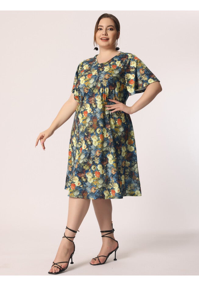 Short Sleeve Fit Flare Midi Sundress Floral Dress, Yellow / Yellow, alternate image number null