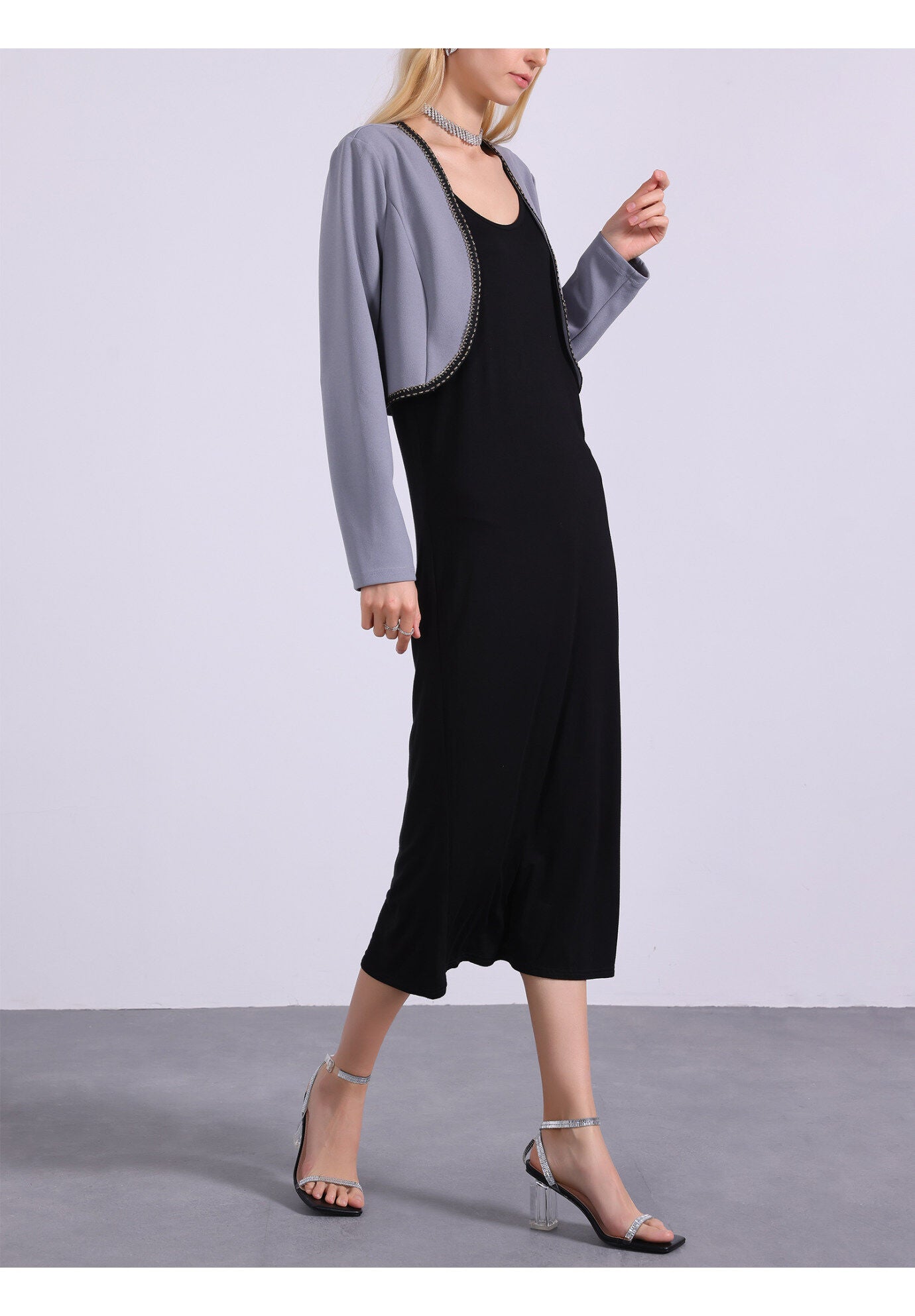 Square Toe Rhinestone Strap Clear Block Heels Sandals, Black / Black, alternate image number 1