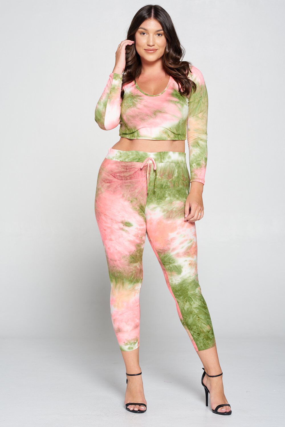 Crop Pullover Hoodie and Sweatpants Set, Olive Tie Dye / Olive Green, alternate image number 2