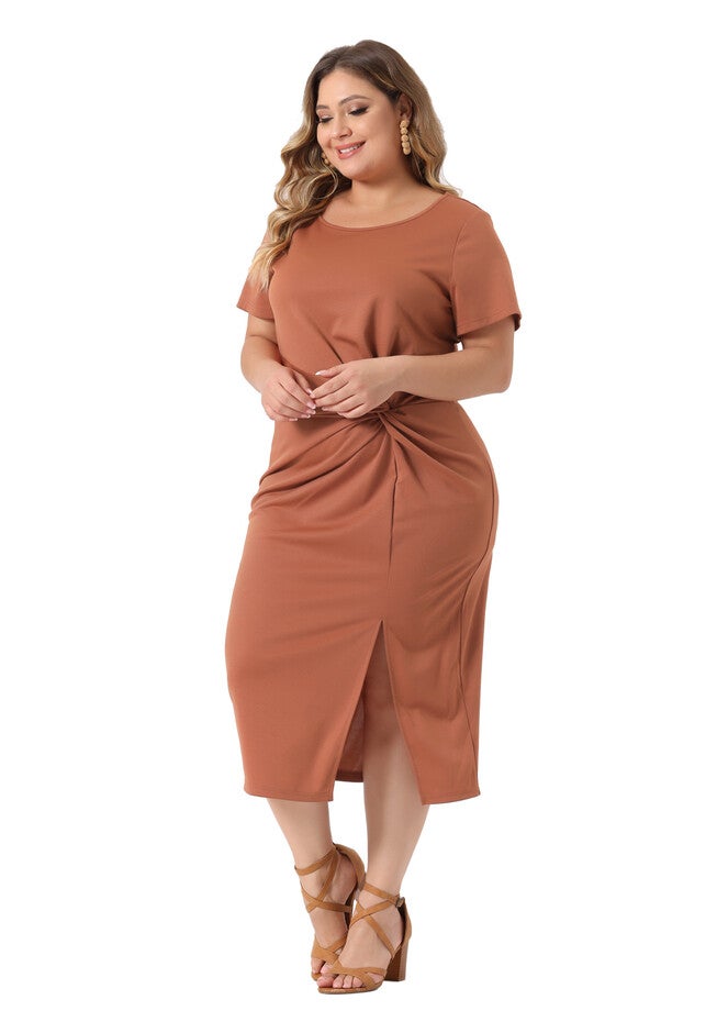 Round Neck Knot Front Short Sleeve Side Split Dress, Orange / Orange, hi-res image number 0