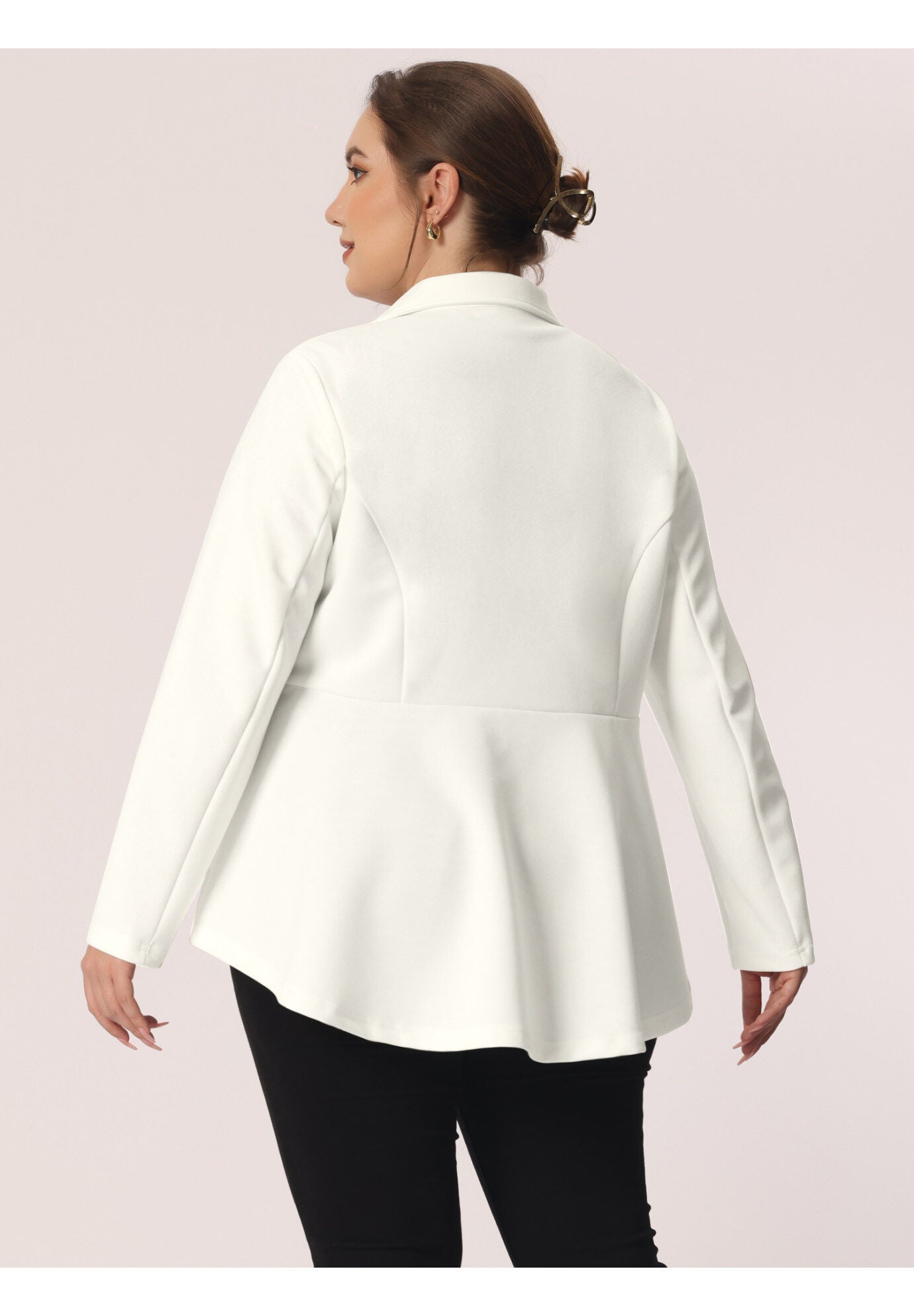 RUFFLE V NECK BUTTON NOTCH PANEL PEPLUM BLAZER, White / White, alternate image number 3
