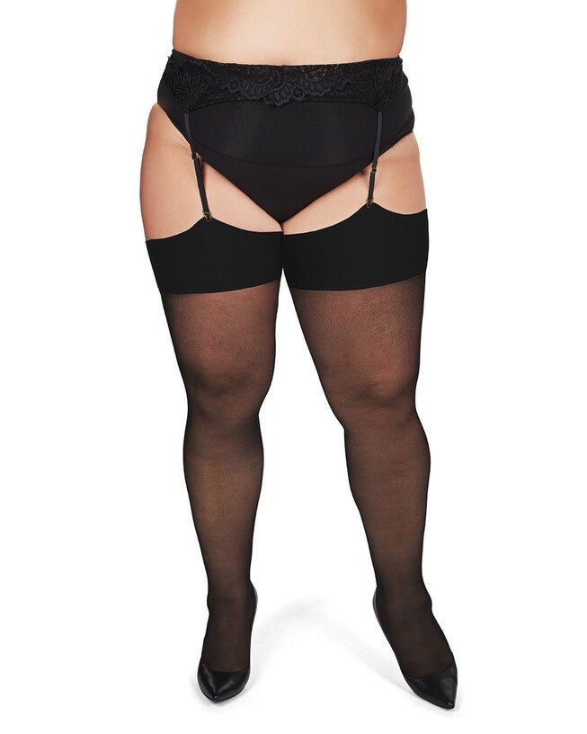 Back Seam/Cuban Heel Plus Size Curvy Thigh High Stocking, BlackBlack / Black, alternate image number null