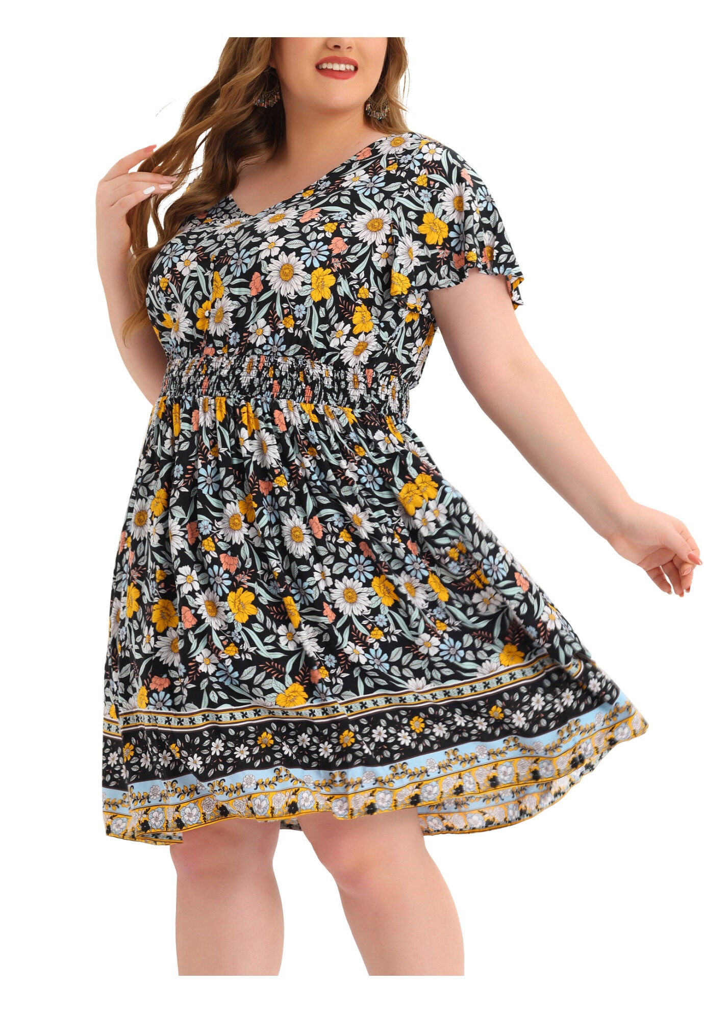Placed Pattern Bohemian Smock Waist V Neck Summer Midi Dress, Black / Black, alternate image number 2