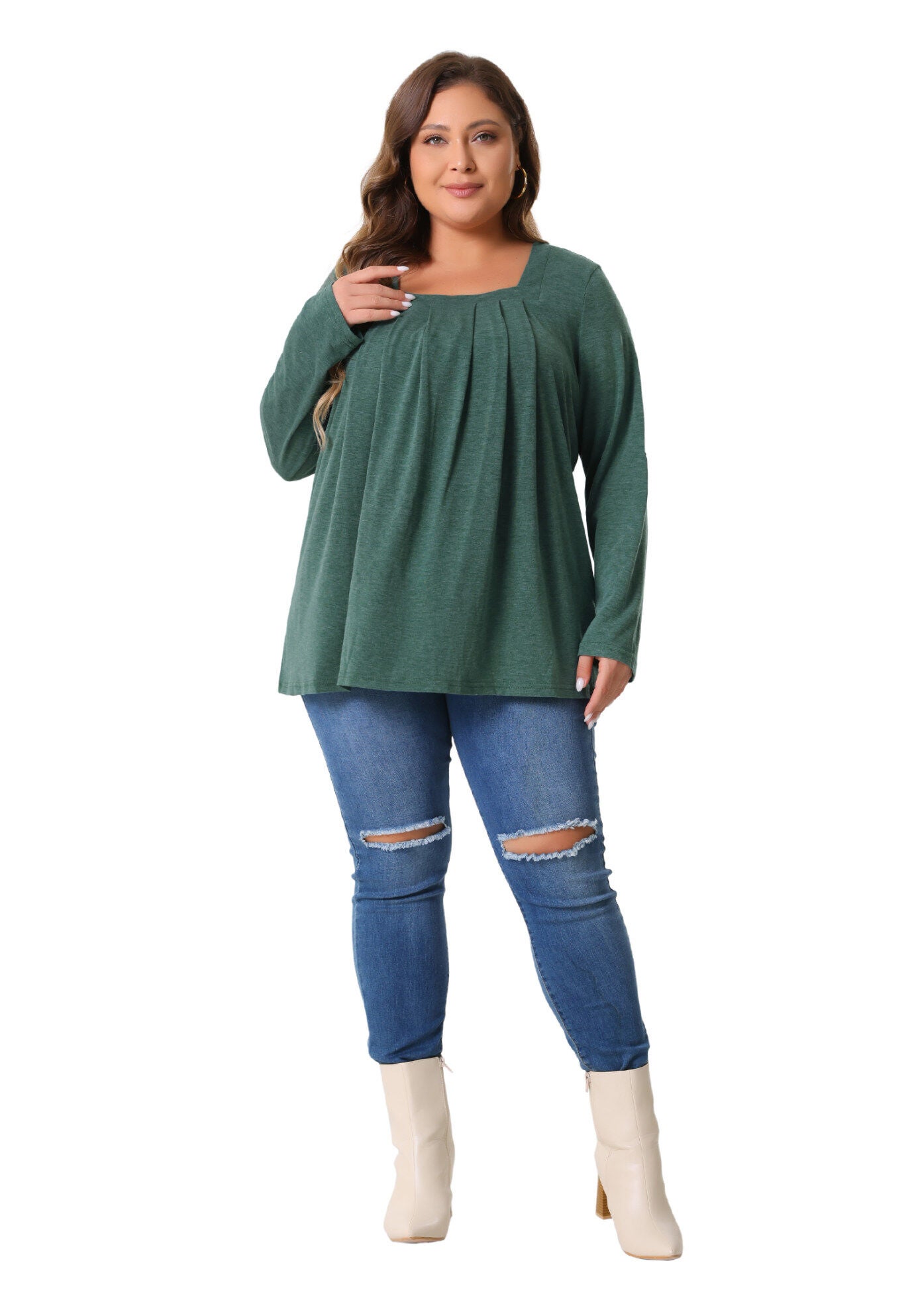 Square Neck Flowy Pleated Loose Fit Tunic Top, Green / Hunter Green, hi-res image number 0