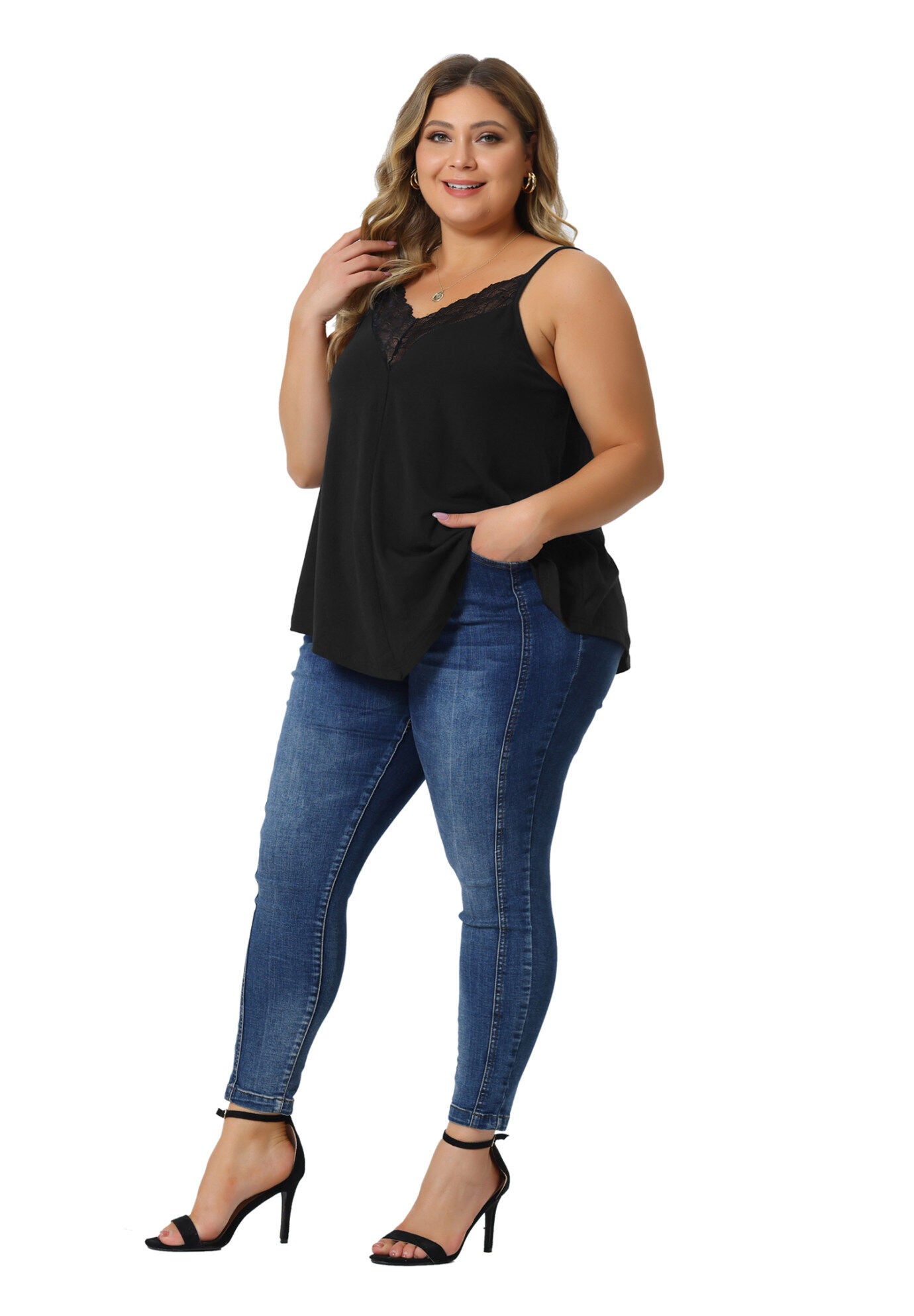 V-NECK LACE FRONT SPAGHETTI STRAP SLEEVELESS CAMI TANK TOP, Black / Black, hi-res image number 0