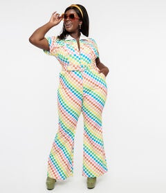 Smak Parlour 1970s Rainbow Check Flare Jumpsuit
