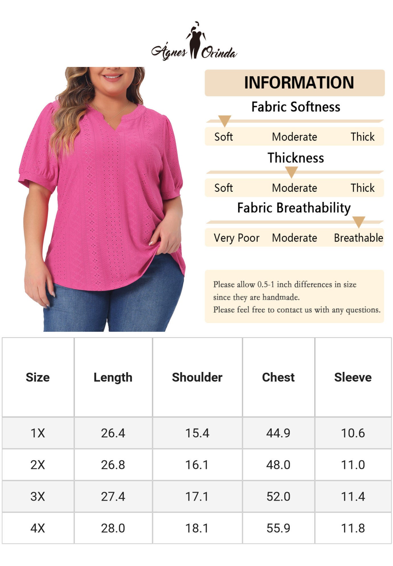 Hollow Casual V Neck Short Sleeve Summer Blouse, Hot Pink / Deep Fuchsia, alternate image number 4