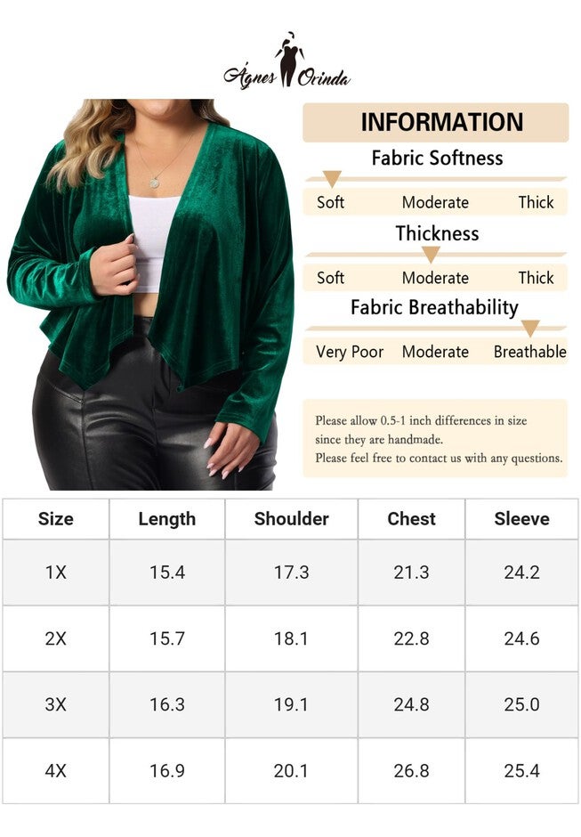VELVET OPEN FRONT CROPPED JACKET CARDIGAN, Green / Forest Green, alternate image number 4