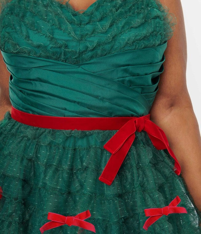 Unique Vintage Emerald Green & Red Ribbon Tulle Cupcake Swing Dress, Green Red Ribbons / Hunter Green, alternate image number 1