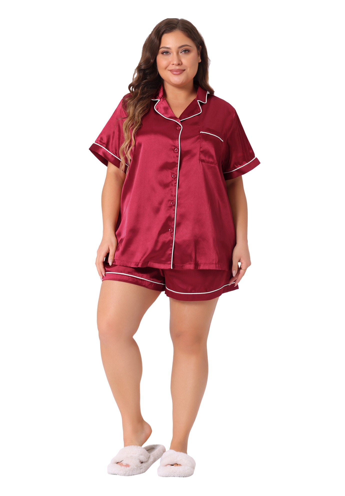 Satin Button Down Top Shorts Lounge Sets with Pocket, Burgundy / Burgundy, hi-res image number 0