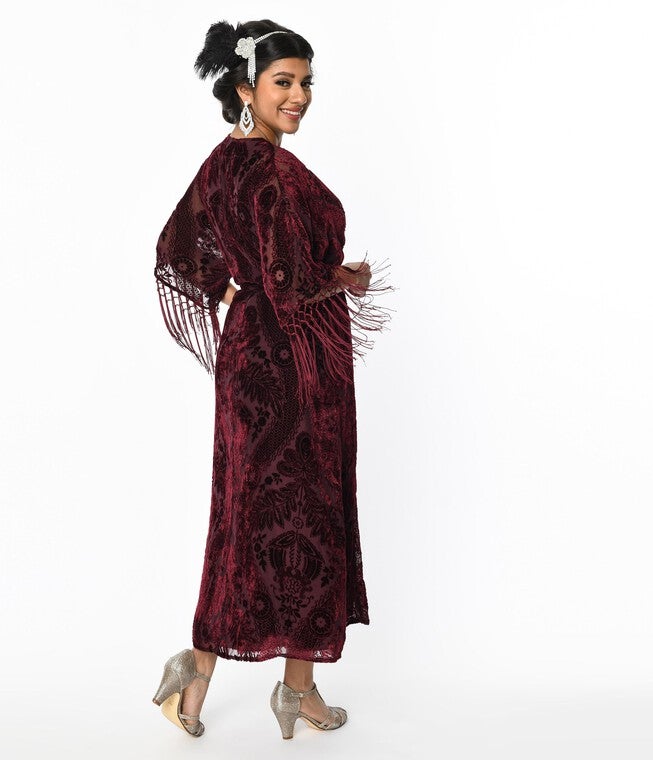 Unique Vintage Burgundy Velvet Floral Burnout Wrap Midi Dress, Burgundy Floral / Burgundy, alternate image number null