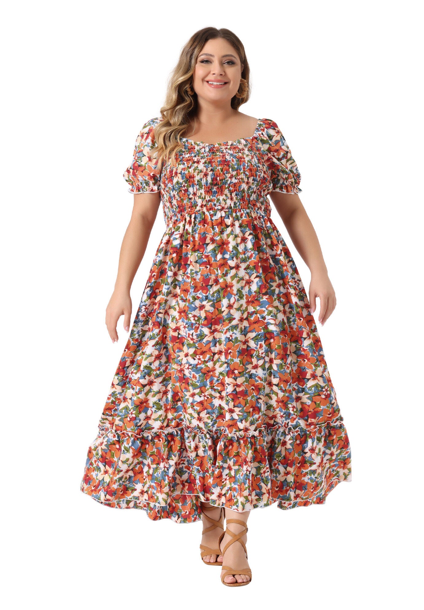 Short Sleeve Shirred Square Neck Floral Maxi Dress, Red / Red, alternate image number 1