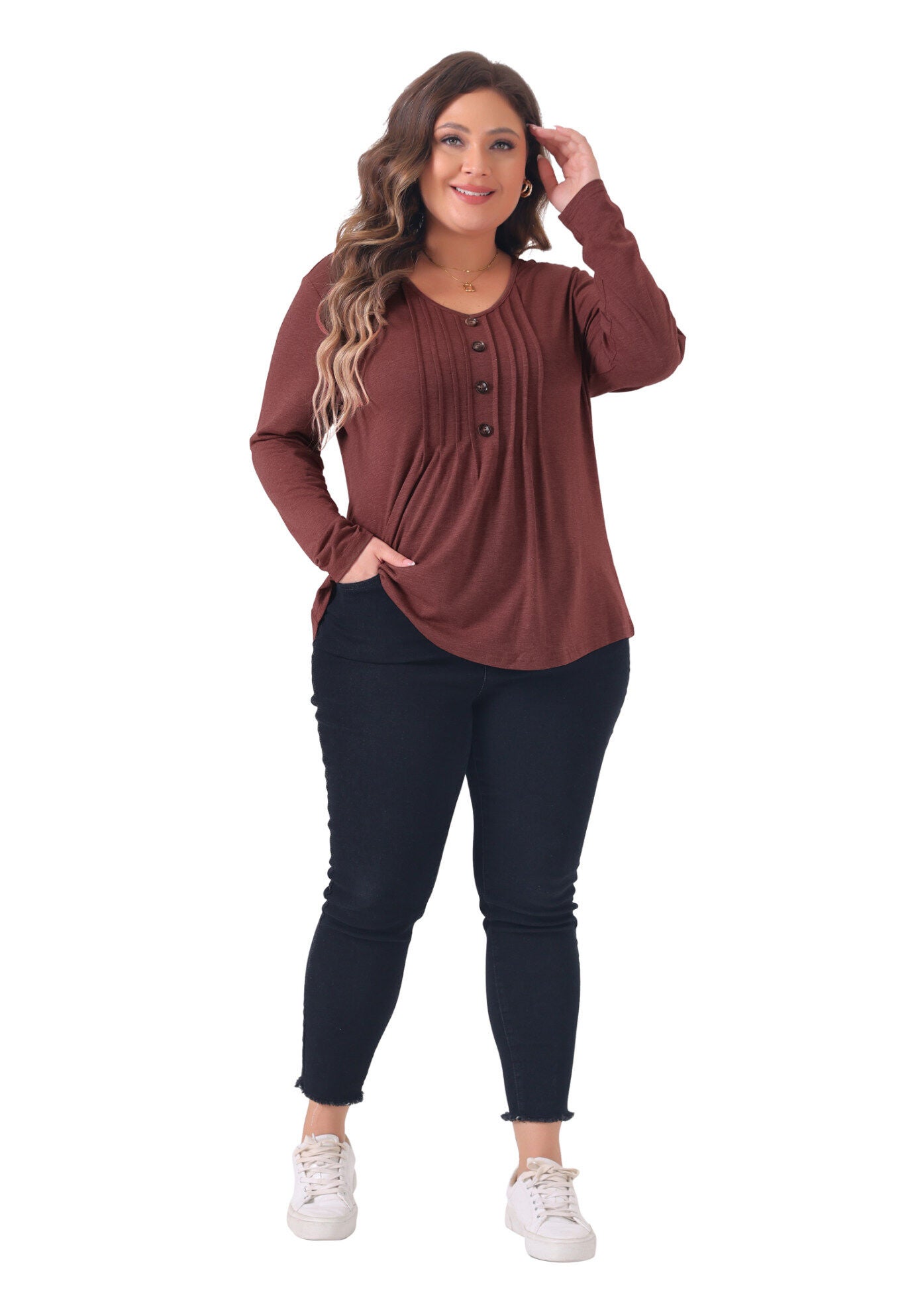 Long Sleeve Pleated Front V Neck Button Blouse, Burgundy / Burgundy, hi-res image number 0